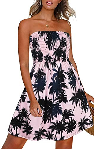Gosunny Robe d'été pour femme - Épaules dénudées - Sans manches - Robe de plage élégante - Courte - Bikini Cover Up, Arbre rose et noir, M