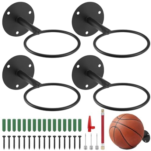 4 Stück Ballhalterung Wand, Robust Wandmontiert Ballständer, Ball Wandhalterung Wand Dekor, Ballhalter, Ball Halterung mit Schrauben und Aufblasvorrichtung für Basketball Fußball Volleyball (Schwarz)