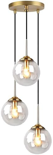 Tropibed Modern Globe 3 Pendant Lights, Glass Ball Pendant Lighting for Kitchen Island, Dining Room, Bedroom - Farmhouse Pendant Lighting Fixtures - Transparent