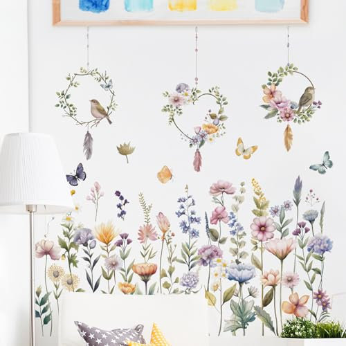 Gurxi wandtattoo groß wohnzimmer wandsticker schlafzimmer erwachsene wandtattoo mädchenzimmer teenager Wandaufkleber Garten Blume Gras Pflanzen Wandsticker Kinderzimmer Wohnzimmer Wanddeko