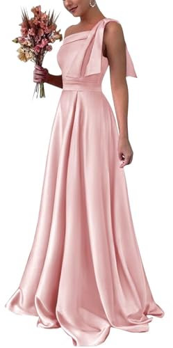 HPPEE Robe de demoiselle d'honneur asymétrique en satin pour femme, robe formelle pour invitée de mariage, rose, 42