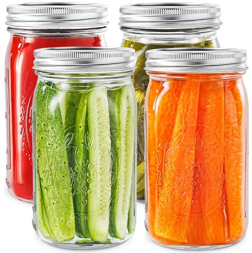 Miuyhji Wide Mouth Mason Jars 32 oz with Lids [4 Pack], Canning Jars with Metal Airtight Lids and Bands, 32 oz Glass Jars for Fermenting, Pickling, Freezing, Preserving, Meal Prep, Jar Décor