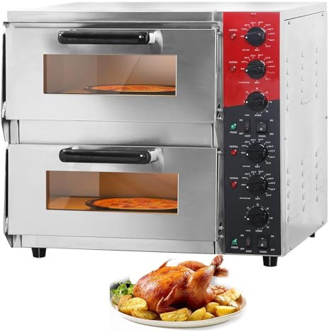 Llchaensc Forno Pizza Doppio Professionale, 3200W Forno per Pizza Elettrico in Acciaio Inox con Pietra Refrattaria per Pizza, 60Min Timer, 75-350℃ Controllo Temperatura