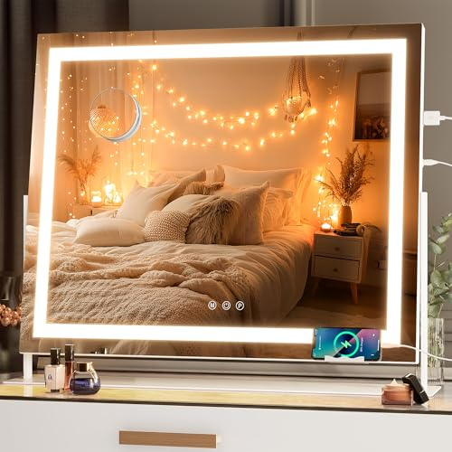 Hasipu Vanity Mirror with Lights, 65 x 55cm LED Make up Mirror, Light up Mirror with 10X Magnification and Brightness Adjustment, 3 Color Dimmable, Smart Touch & 360° Rotation, Square White