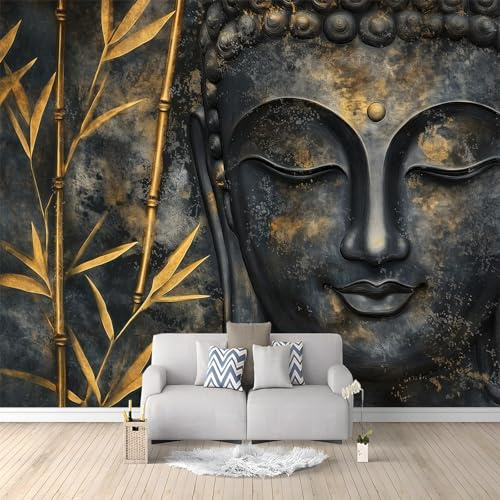 Vliestapete Bambuswald-Buddha-Nudeln 350 x 256 cm Tapete Dunkelgrau und Gold Fototapete 3d Effekt - Wanddekoration fur Wohnzimmer - Wandtapete Einfach zu Montieren