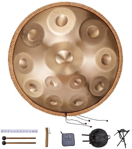 VEVOR Handpan, 55 cm, 12 Noten, D-Moll-Handtrommel, Drum-Instrument mit Schlägeln, 440-Hz-Handpan-Ständer & Tragetasche, Heilende Klangtrommel aus Stahl, Schlaginstrumente für Erwachsene & Anfänger