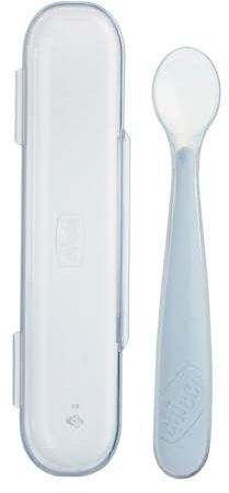 Chicco Cucharita de Inicio en Silicona con Estuche, Cucharita Suave para Recién Nacidos y Niños, Delicada y Flexible, con Mango Ergonómico y Larga Curvatura, 6+ Meses, Gris