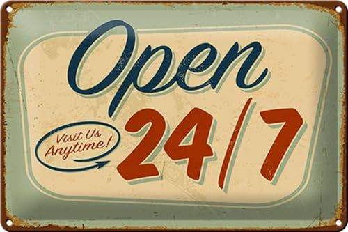 Schild Blech Retro -Made in Germany- 30x20cm open visit us anytime 24/7 Metall Deko Blechschild