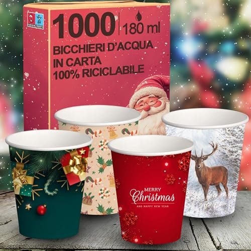 Generico 1000 Bicchieri d' Acqua in Carta Natalizi 180 ml, Biodegradabili Biocompostabili, Usa e Getta, 4 Colorazioni, Ideale per Casa, Ufficio, Asporto Bevande Calde Natale