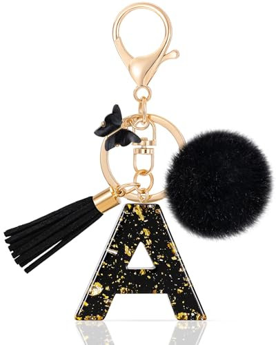 MWOOT Initiale Letter Keychains Porte Clé Lettre A,Alphabet Initial Keyring avec Papillon Pompon Pendentif,Porte-clés Noir Feuille D'or Key Ring pour Femmes Portefeuilles Bagages Charme (A)