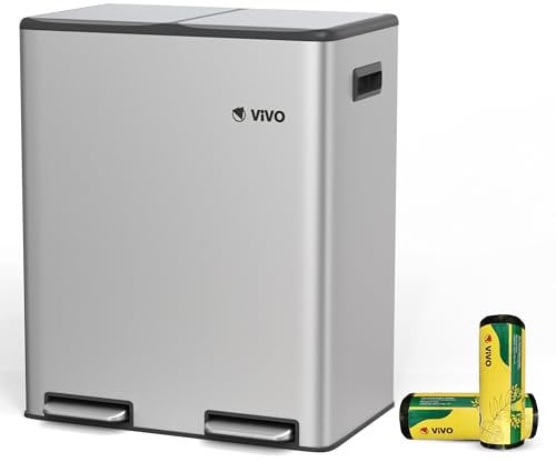 60L Dual Rubbish Bin, Recycling Bin with 30 Rubbish Bags, 2 Compartments Waste Separation, Rectangular Metal Pedal Bin Soft-Close with Lids, with 2 x 30L Removable Inner Buckets for Kitchen Cool Grey