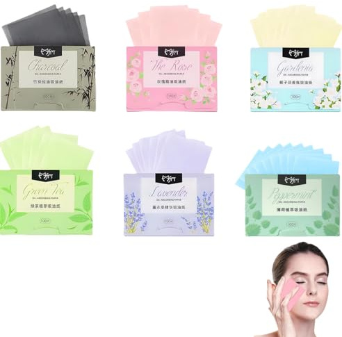 Heanvmyss Gesichts-Löschpapier,600 Blätter 6-Stil Blotting Paper,Öllöschblätter für Gesicht,Löschpapier für Fettige Haut,Oil Control Paper für Männer Fraue