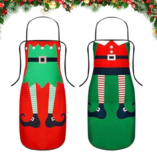 Lets Joy 2 Stück Weihnachtsschürzen, 65x75cm Weihnachtsschürzen Cartoon, Weihnachten Latzschürze, Weihnachtsschürze Rot Grün, Grillschürze Backschürze, Kochschürze Weihnachtensfeier