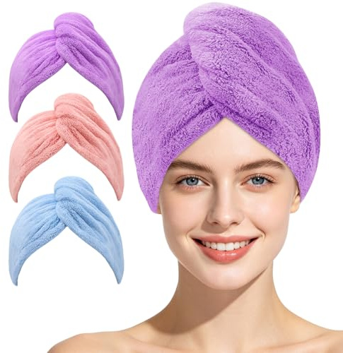 Laicky 3er-Pack Mikrofaser-Haarhandtuch/Haarwickel, extrem saugfähig, zum Turban gewickelt, schnelltrocknende Haarbedeckung mit Knöpfen und Schlaufe, zum Trocknen von Haaren in Salons, Blau, Rosa