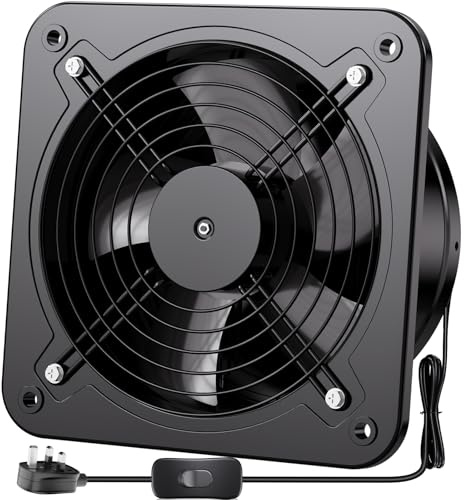 Hon&Guan 10 in Kitchen Exhaust Fan Extractor 1680m³/h Backdraft Damper | 2.5m UK Power Cord with Switch, Ventilation Moisture Removal, for Garage Attic Workshop Coop Printer Soldering Spray