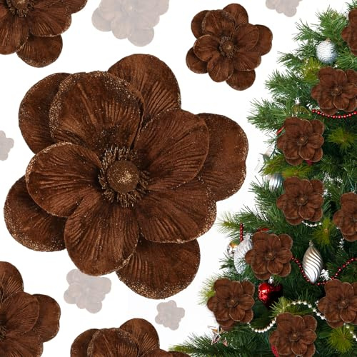 Craftsatin 12 Stück Samt-Weihnachtsstern, Burgunderrot, Magnolien-Blumen, Ornamente, Glitzer, große Köpfe, künstliche Magnolien-Blumen für Dekoration, Hochzeitsdekoration, Zubehör (braun)