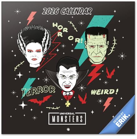 Grupo Erik Kalender 2026 Wandkalender Universal Monsters Kalender 2026 Familienplaner 30 x 30 cm 12 Monate + Letzten 4 Monate 2025 auf einer Seite - Offizieller Fanartikel Merch