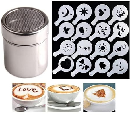 2 Stück Puderzuckerstreuer, 16 Satz Kaffee Zeichnung Cappuccino Form Phantasie Kaffee Zubehör Druck Modell Schaum Spray Kuchen Schablonen Puderzucker Sieb