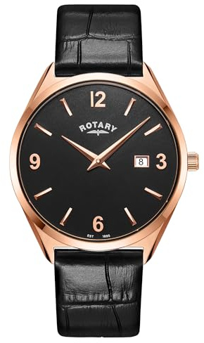 Rotary Men's Ultra Slim Rose Gold Plated Stainless Steel Black Leather Strap Watch