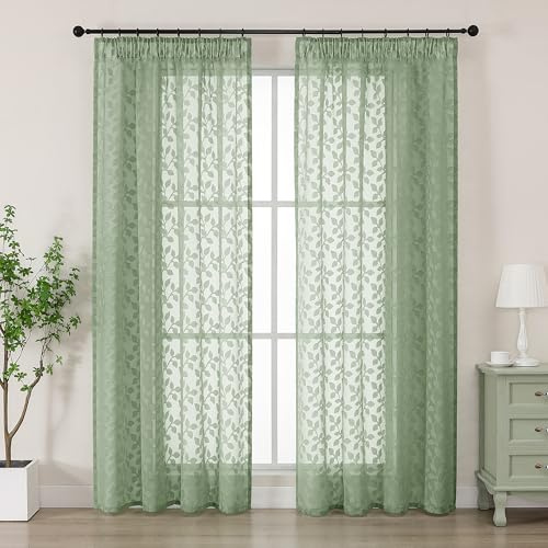 Simplebrand Charlton Salbei Grün Lichtdurchlässig Clip Jacquard Voile Ausbrenner Gardine mit Blätter Muster transparenter Vorhang mit Kräuselband Wohnzimmer Gardinenschals B140xH175cm Salbei Grün 2 St
