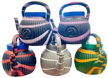 1PC Islamic Prayer Water Kettle, Plastic Ablution Vessel with Lid, Green and Brown Ribbed Design, 2 Litre Capacity