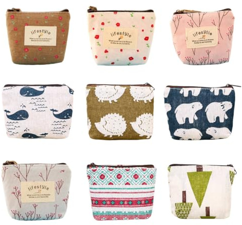 DOVBAN 9 Pezzi Piccolo Beauty Case con Stampa,Mini Pochette,Materiale in Tela,Con Cerniera,Da Portare con te,Regalo per Donna