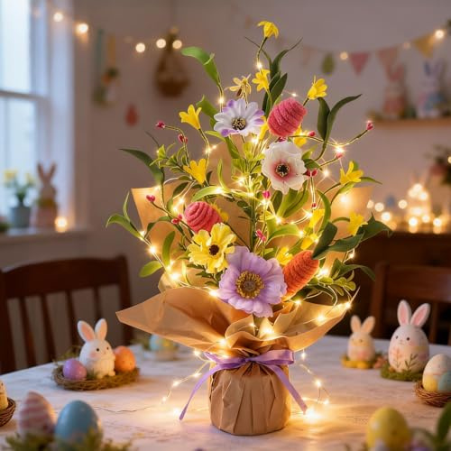 Osterdeko Osternbaum mit Beleuchtung, Ostern Deko Baum mit LED LLichterkette Innen, Frühlingsdeko Lichterbaum mit Bunt Ostereier Blume Künstliche Frühling Deko Ostereierbaum Tischdeko (B)