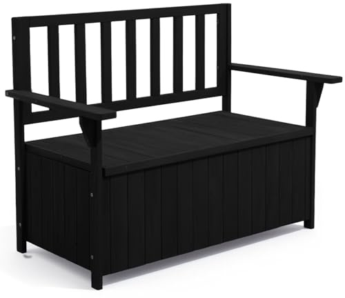 Warmiehomy Garden Storage Bench 2 Seater Garden Bench with Box 135L Wooden Outdoor Storage Benches with Backrest Armrest,Black