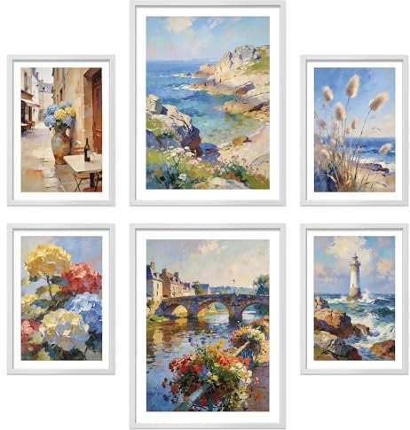 ARTFAVES® Poster Set - Abstract Brittany - mehrteilige Wanddeko Wohnzimmer, Schlafzimmer - 6 moderne Wandbilder Abstrakt, Kunst, Gemälde, Bretagne, Frankreich - mit Rahmen Weiss