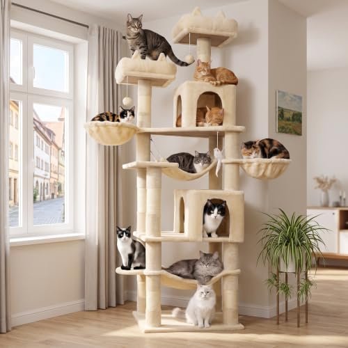 LIKISAK Cat Tree, 180 cm Cat Tower with Scratching Posts for Indoor Cats | Multi-Level Tall Cat Tree Tower for Big Cats with 2 Cozy Condos, 2 Hanging Baskets, Cozy Hammock, 3 Top Perches, Beige