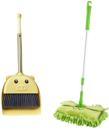 MagiDeal Kids Broom Dustpan Mop Set Pretend Play Toys Creative Cartoon Educational Toddler Cleaning Toy Little Housekeeping Helper Set, Yellow Green