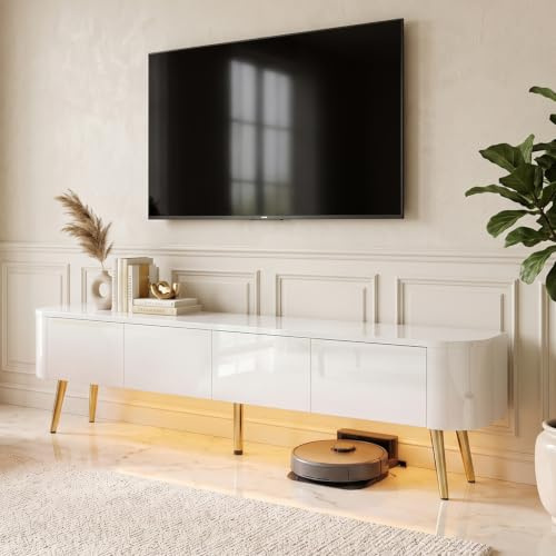 DEZAGCE White High Gloss TV Stand with LED Lights - Wall Mount or Gold Leg Unit