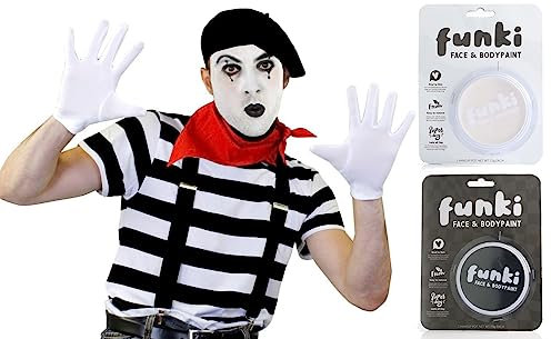 Francés Artista del mimo guantes de disfraz boina camiseta tirantes fancy dress – Camiseta de algodón, tirantes, negro/blanco pintura facial, Red Bandana Y boina