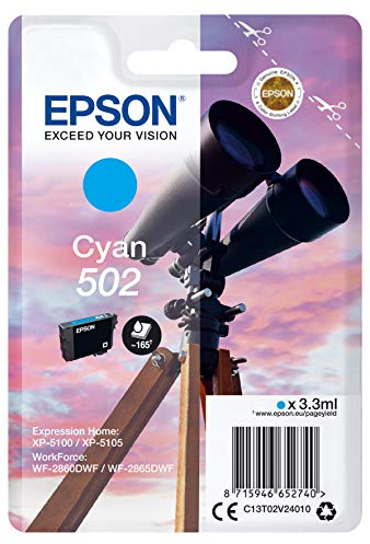 Epson Original 502 Tinte Fernglas (XP-5100, XP-5105, WF-2860DWF, WF-2865DWF), cyan, Standard, Normalverpackung