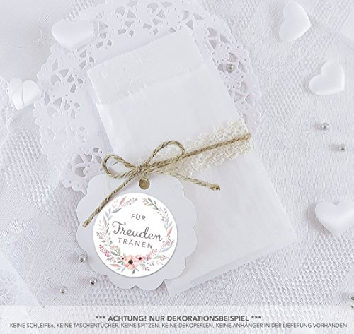 Freuden Tränen Taschentücher Set zur Hochzeit Groß 48 Sticker + 48 Pergamintütchen - 63 x 93 mm für Freudentränen Taschentuch Verpackungen Aufkleber mit Blumenkranz in PASTELL Farben 4cm, rund, matt