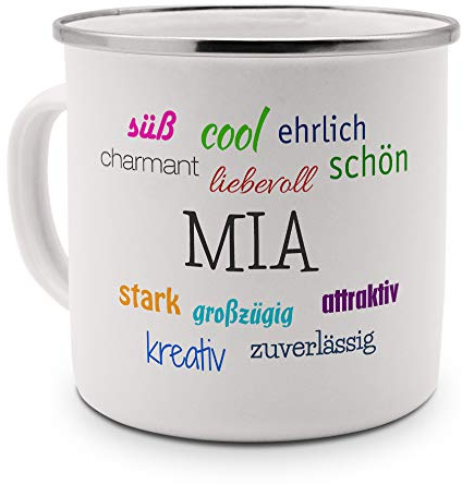 printplanet Emaille-Tasse mit Namen Mia - Metallbecher mit Design Positive Eigenschaften - Nostalgie-Becher, Camping-Tasse, Blechtasse, Farbe Silber