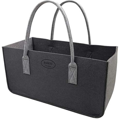 RAIKOU KULT Filz-Tasche Shopper NEU Filzkorb Einkaufstasche Henkeltasche Zeitungskorb Stabile Kaminholztasche Zeitungsständer auch für Spielzeug Garten Picknick Strand (Stein/Grau,50x25x25cm)