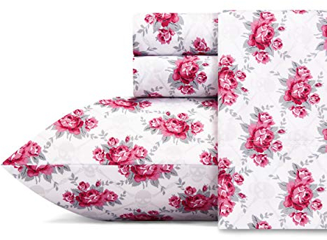 Betsey Johnson - Komplette Bettwäsche, weich und leicht, farbecht und knitterarm (Totenkopf-Rosen-Gitter, voll)