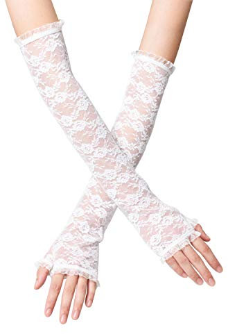 LassZone Women's Half Fingerless Long Lace Gloves White Floral Bridal Fancy Dress Gloves Stretchy Elbow Length UV Protection Arm Sleeve for Wedding Opera Tea Party