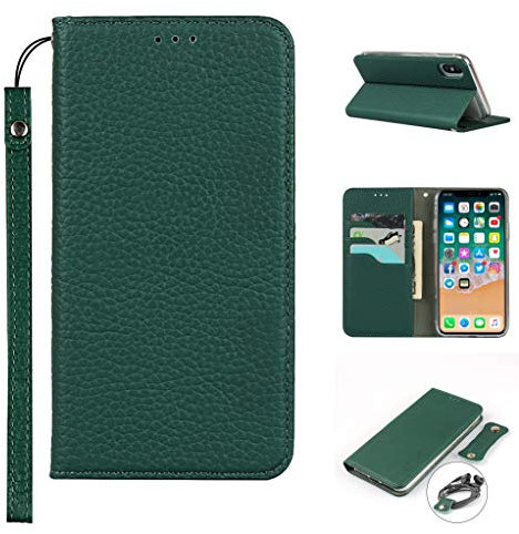 Copmob iPhone X Case,iPhone XS Case,Genuine Leather Flip Wallet Case,[3 Card Holders][Magnetic][RFID-Blocking],Protective Phone Case Cover for iPhone X/XS - Dark Green