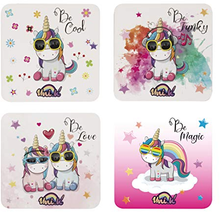 Konix Unik Lot de 4 Dessous de Verres 10,4 x 10,4 cm - Base en liège antidérapante - Motifs Licornes