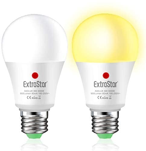 EXTRASTAR E27 LED Lampe Tageslichtsensor, E27 Lichtsensor Glühbirne 9W, Warmweiß 3000K, Led Glühbirne Dämmerungssensor, 2 Stück