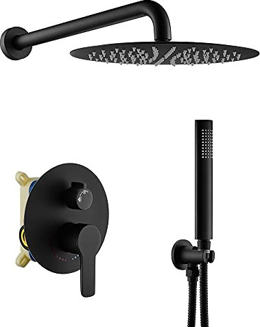 TIPOK Duschsystem mit 20,3 cm rundem Duschkopf und Handbrause, Regendusche Armaturensets komplett, schwarzes Duschkopfsystem zur Wandmontage matt schwarz Duschset für Badezimmer