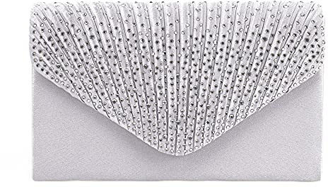 Milya Damen Satin Glitzer Clutch Abendtasche, Strass Envelope Handtasche Hochzeit Party Unterarmtasche Umhängetasche Schultertasche mit Schulterkette, Silber