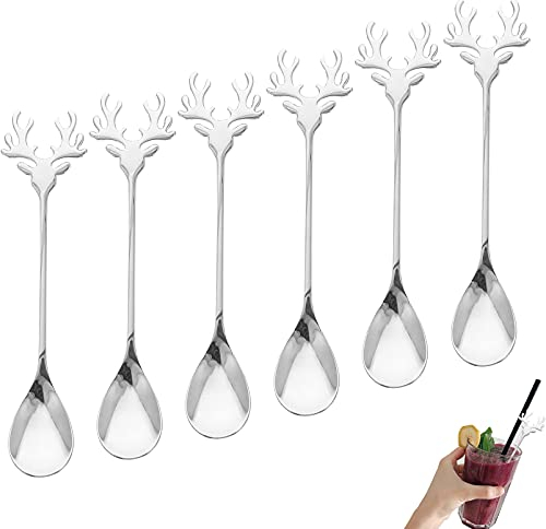6 morceaux Cuillère en acier inoxydable en forme d'élan Cuillère à dessert cuillerée à soupe cuillère de Noël Cuillère créative café Petite cuillère Cuillère à café(argent)