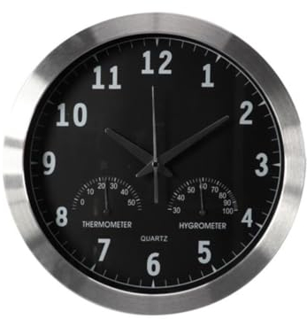 Perel Wandfunkuhr, Funkuhr Wand Küche, Wanduhr Funk, Küchen Funkuhr, Funk Wanduhr groß, Küchenuhr, DCF, rund, analog, mit Thermometer und Hygrometer, 35.5 cm, Aluminium, Silbergrau