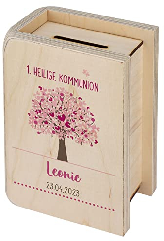 Herz & Heim® Holz Spardose mit Wunschdaten personalisiert, zur Kommunion, Taufe und Co. Rosa