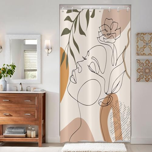 ASDCXZ Rideau de Douche Beige 120x180 cm Style Boho, Art Abstrait Moderne Fille Visage Fleur Feuilles Vertes Lavables Textile Rideau Douche imperméable pour Baignoire avec 8 Crochets
