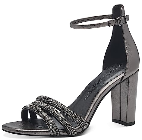 MARCO TOZZI Damen Sandalen mit Absatz mit Riemchen Glitzer, Silber (Pewter Comb), 38