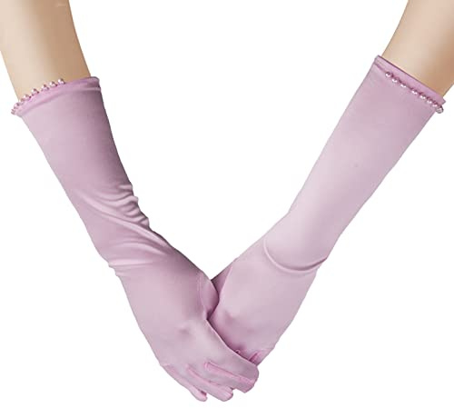TINAYAUE Mädchen Satin Handschuhe Prinzessin Lange Perlenhandschuhe Bekleidungszubehör für Hochzeit, Karneval, Mottoparty
